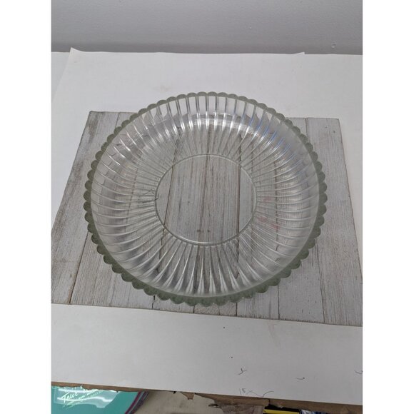 Vintage Round Server Bowl Platter Clear Ribbed Heavy Duty - Picture 2 of 4